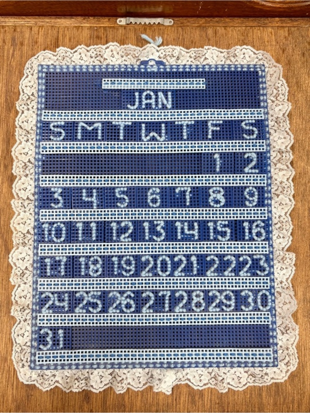 NOS VTG Handmade Needlepoint Perpetual Calendar Latch Hook Lace Edge All Pieces